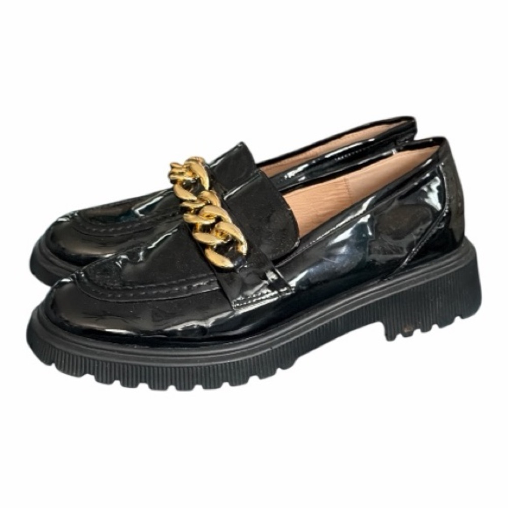 INC International Concepts Black Patent Loafers with Gold Chain Size 10W - Picture 2 of 4